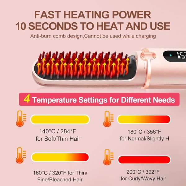 Cordless Hair Straightener Brush, Negative Ion Electric Hair Straightening - Image 3