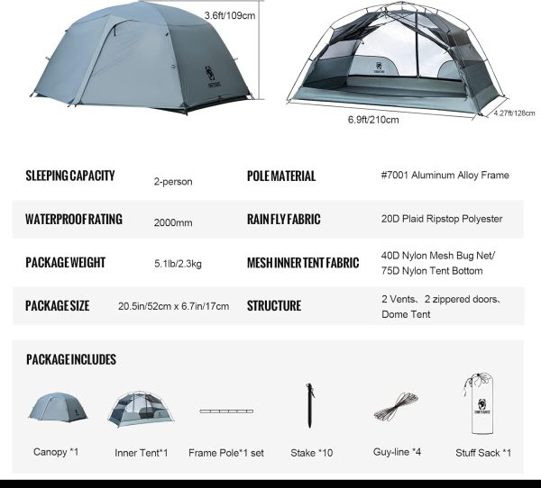 OneTigris COSMITTO 2 Person Backpacking Tent Shelter- Free Standing - Image 4