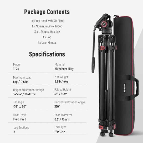 NEEWER 74" Video Tripod with Fluid Head, QR Plate , Aluminum Heavy Duty - Image 9