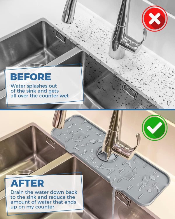 Kitchen Sink Splash Guard - Silicone Faucet Handle Drip Catcher Tray, Dish - Image 3