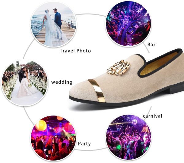 Mens Rhinestone Loafers Velvet Tuxedo Dress Shoes with Gold Plate Smoking - Image 6