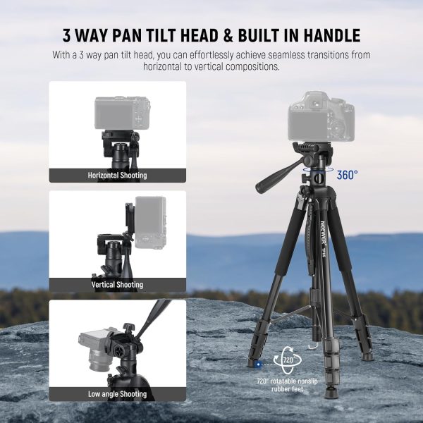 NEEWER Basic 74" Video Tripod Monopod w/ 3 Way Pan Tilt Head & Remote, - Image 4