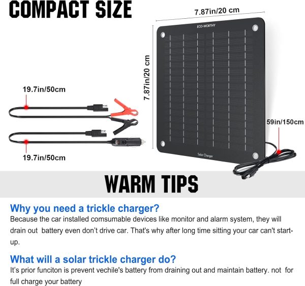 ECO-WORTHY Solar Car Battery & Trickle Charger 5W Solar Panel Power 12V - Image 3