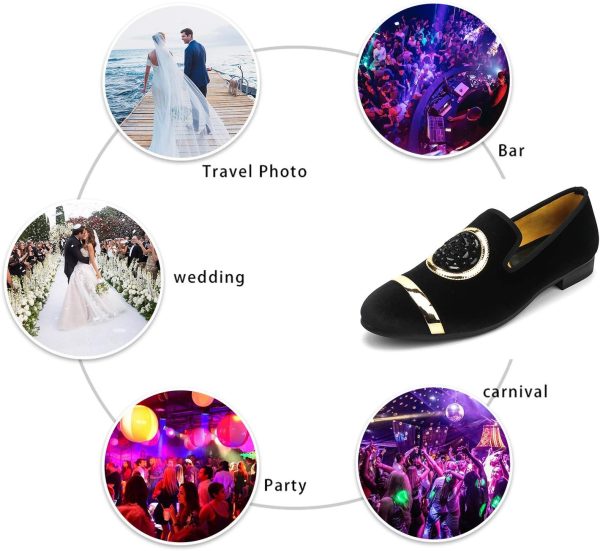 Mens Rhinestone Loafers Velvet Tuxedo Dress Shoes with Gold Plate Smoking - Image 6
