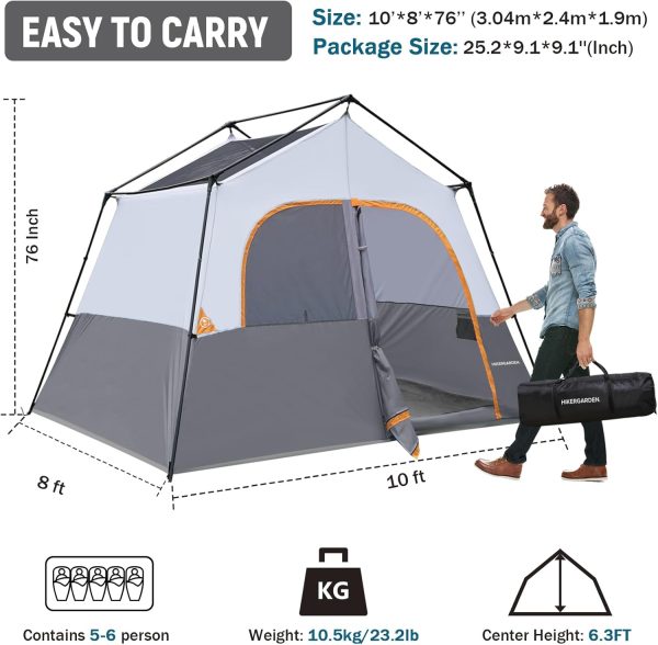 HIKERGARDEN 6-8 Person Camping Tent - Portable Family Cabin Tent for Camp, - Image 2