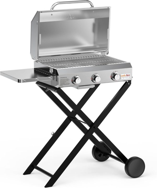 Onlyfire BBQ Gas Grill 3-Burner with Foldable Cart & Side Table, Portable - Image 2
