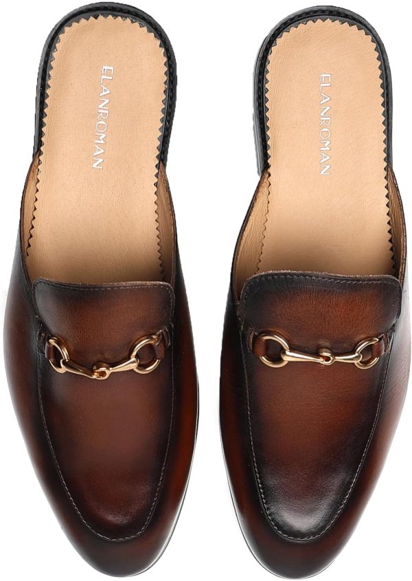 ELANROMAN Men's Loafers Backless Genuine Leather Mules Horse Buckle Shoes - Image 3