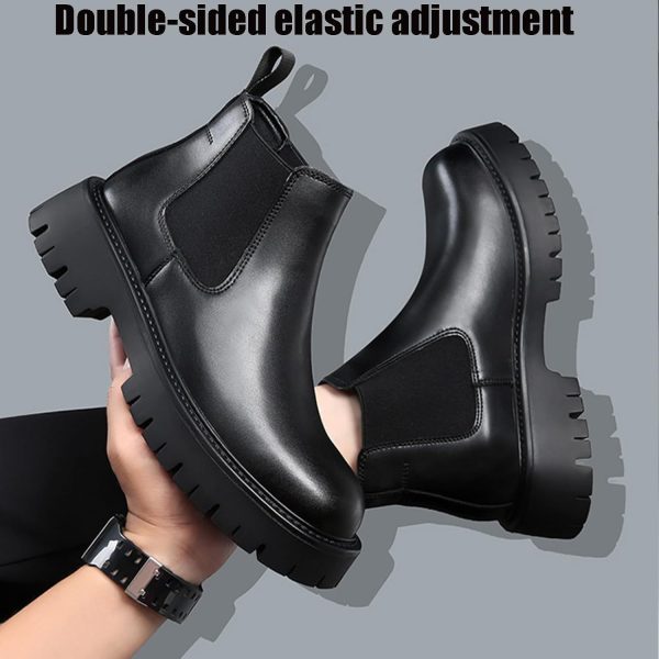 Men's Genuine Leather Slip On Chunky Platform Chelsea Boots Luxury Round - Image 5