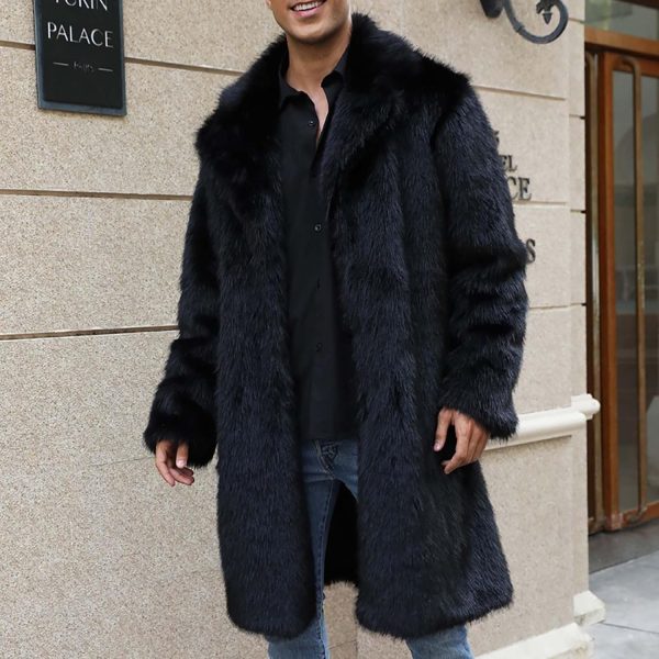 WENKOMG1 Mens Faux Fur Trench Coat Luxury Open Front Fuzzy Spread Collar - Image 2