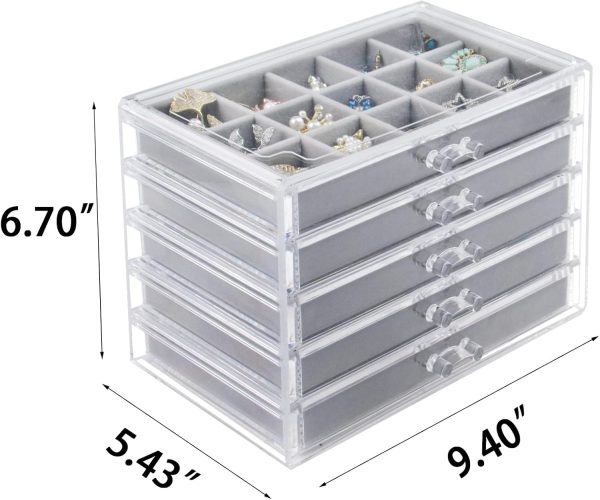 Acrylic Jewelry Box with 5 Drawers, Clear Earring Storage Organizer Display - Image 2