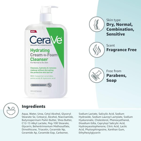 CeraVe Hydrating Cream To Foam Cleanser | Makeup Remover Face Wash For Dry - Image 12