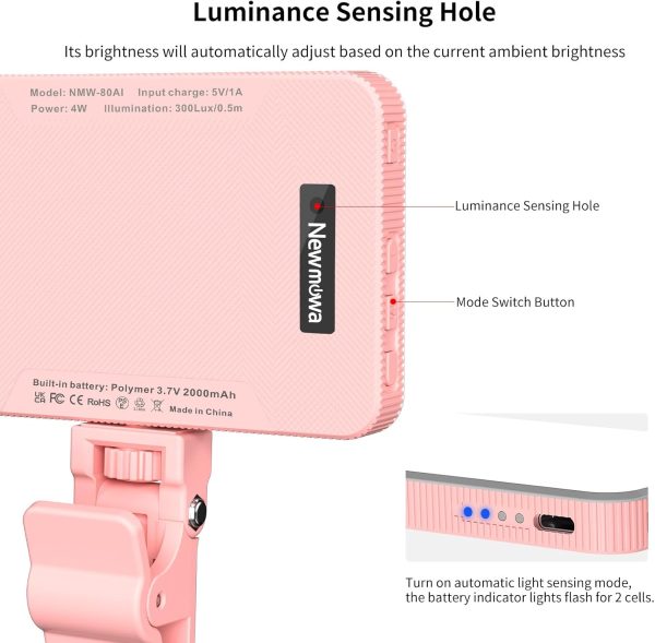 Newmowa Pink Rechargeable Selfie Light - Portable Clip on Video Light for - Image 2