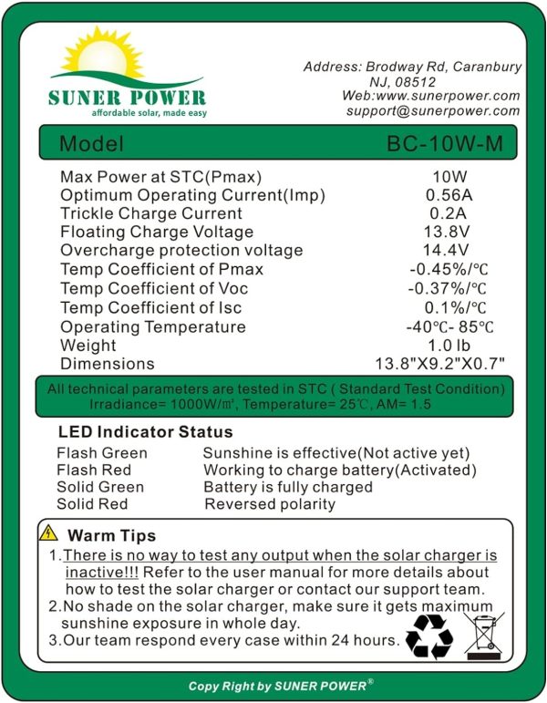 SUNER POWER 10W 12V Solar Battery Charger Maintainer, Built-in Smart MPPT - Image 5