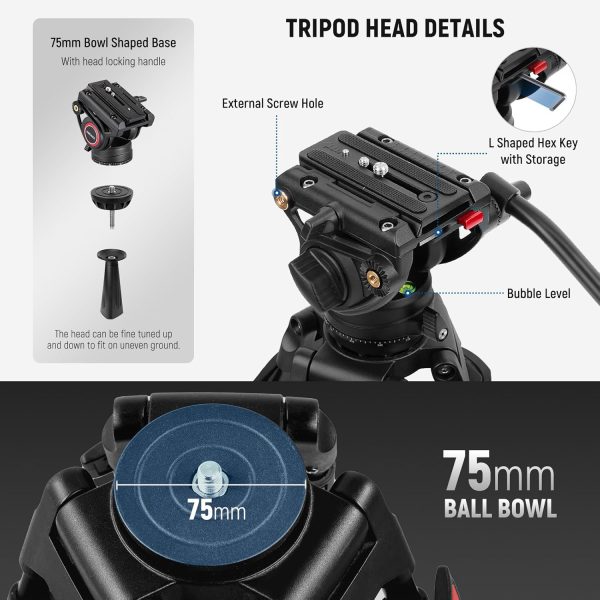 NEEWER 74" Video Tripod with Fluid Head, QR Plate , Aluminum Heavy Duty - Image 6