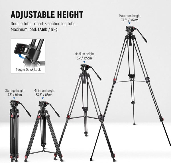 NEEWER 74" Video Tripod with Fluid Head, QR Plate , Aluminum Heavy Duty - Image 2