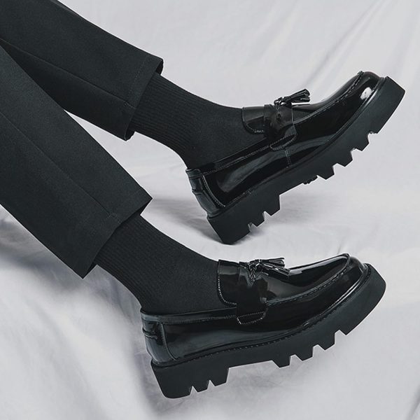 Men's Black Soft Patent Leather Platform Chunky Heel Loafers Fashion Tassel - Image 6