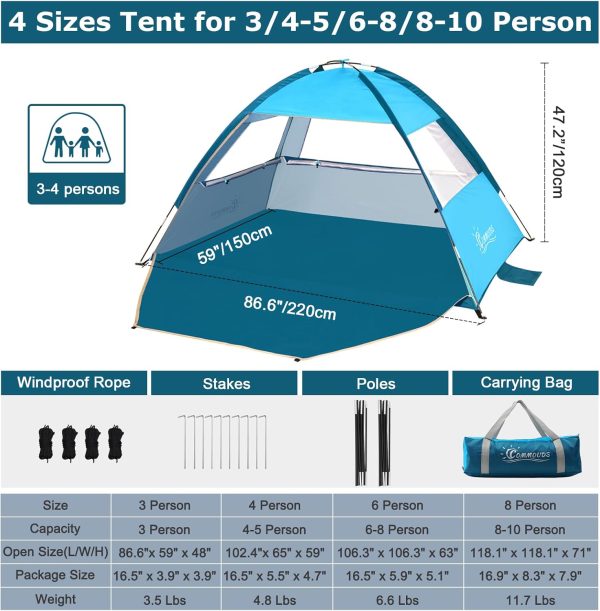 COMMOUDS Beach Tent Sun Shade for 3/4-5/6-7/8-10 Person, UPF 50+ Beach Sun - Image 2