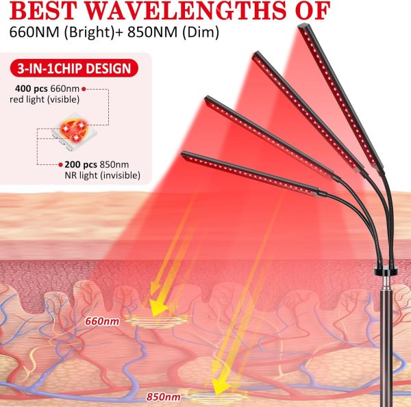 Red Light Therapy Lamp with 4 Heads, 3-in-1 Chip Infrared Light Therapy - Image 3