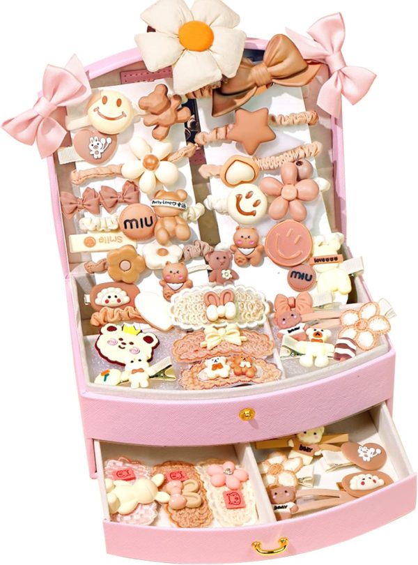 Jewelry Box Organizer with 43 pieces milk brown hair accessories, Pink - Image 2