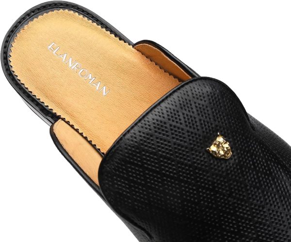 ELANROMAN Men's Backless Loafers Black Genuine Leather Mules Slippers Slip - Image 5