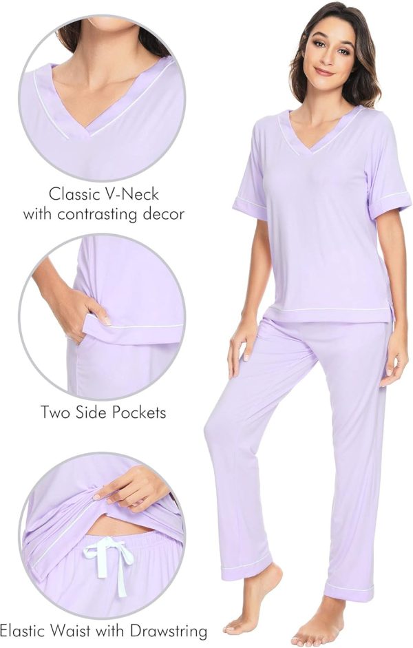 WiWi Viscose from Bamboo Womens Pajamas Set Soft V Neck Sleepwear Short - Image 4
