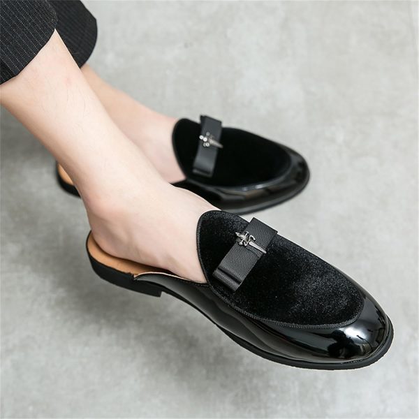 Men's Bowtie Patent Leather Slip-On Mules Slippers,Flats Stylish Formal - Image 5
