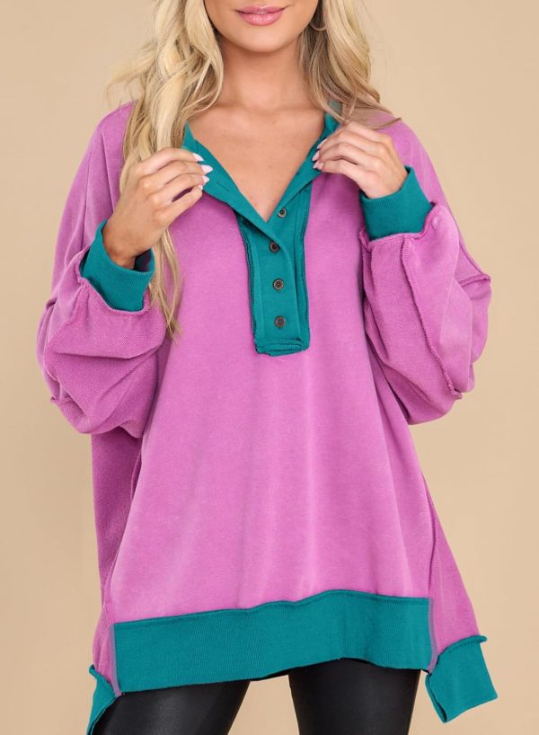 AlvaQ Women's Oversized Sweatshirt Casual Long Sleeve Button Henley Neck - Image 2