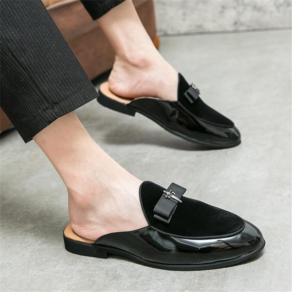 Men's Bowtie Patent Leather Slip-On Mules Slippers,Flats Stylish Formal - Image 6