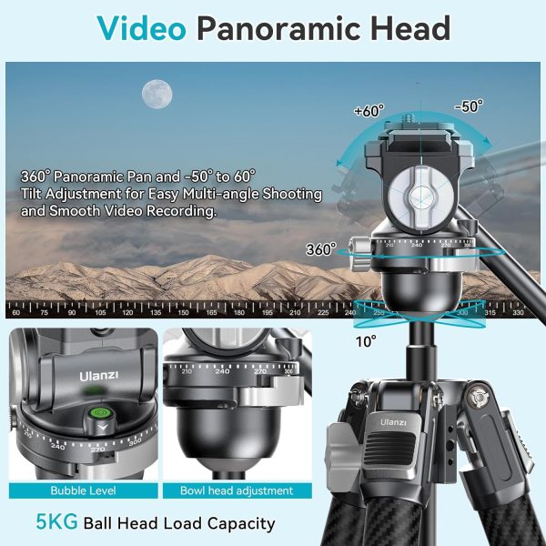 Ulanzi TT09 VideoGo Travel Tripod, 56" Carbon Fiber Camera Tripod with Arca - Image 3
