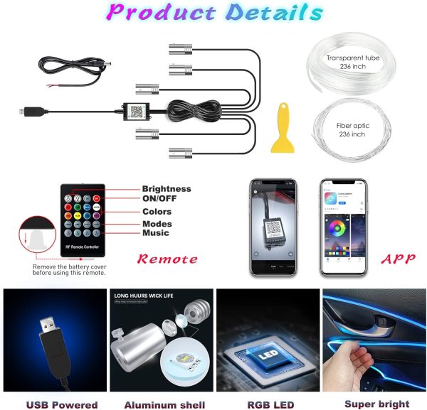 Interior Car LED Strip Lights with Wireless APP and Remote Control, RGB 5 - Image 4