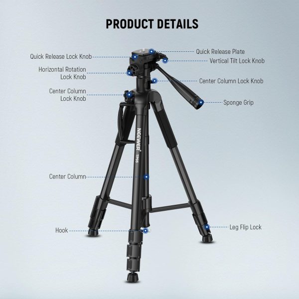 NEEWER Basic 74" Video Tripod Monopod w/ 3 Way Pan Tilt Head & Remote, - Image 8