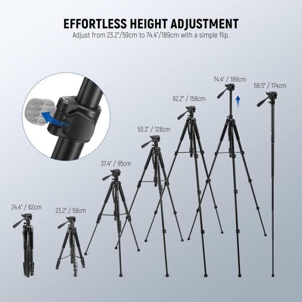 NEEWER Basic 74" Video Tripod Monopod w/ 3 Way Pan Tilt Head & Remote, - Image 5