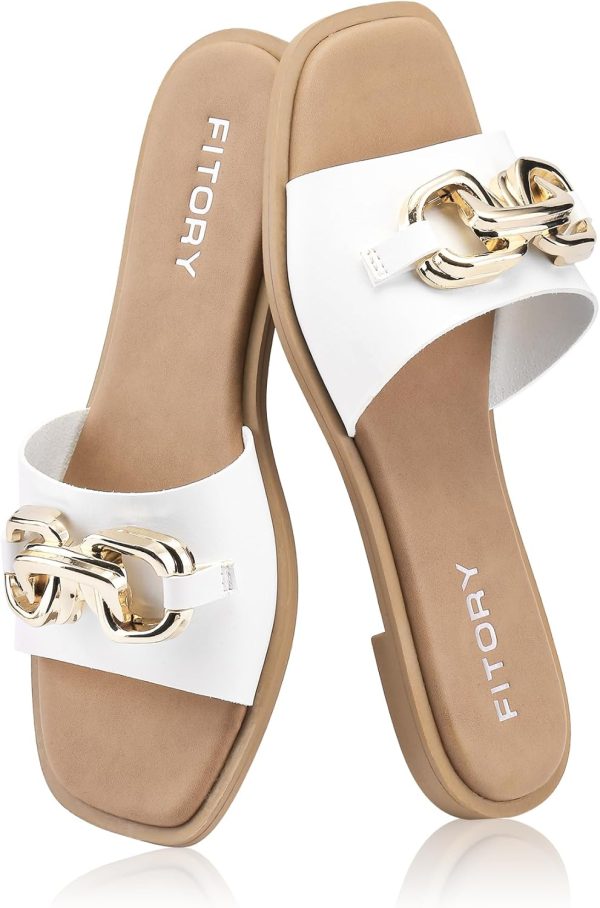 FITORY Women's Flat Sandals Fashion Slides With Soft Leather Slippers for - Image 2