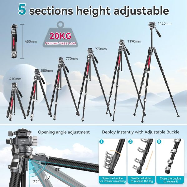 Ulanzi TT09 VideoGo Travel Tripod, 56" Carbon Fiber Camera Tripod with Arca - Image 4