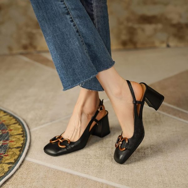 Women's Slingback Square Toe Chunky High Heels Sandals Ankle Buckle Dress - Image 6