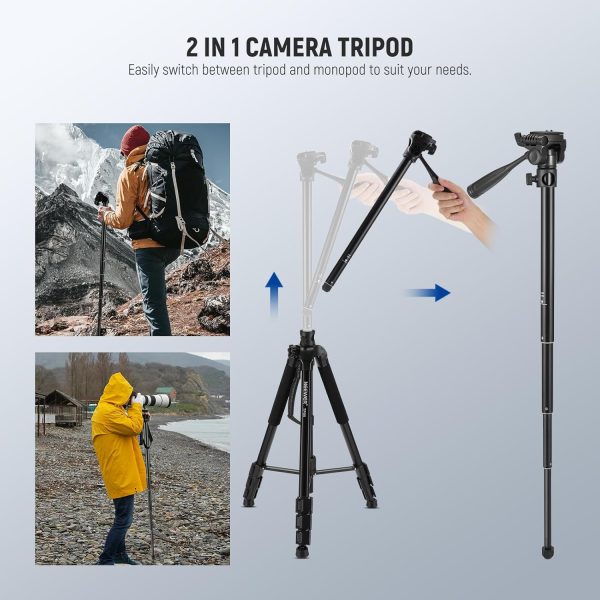NEEWER Basic 74" Video Tripod Monopod w/ 3 Way Pan Tilt Head & Remote, - Image 3