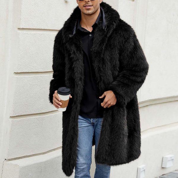 WENKOMG1 Mens Faux Fur Trench Coat Luxury Open Front Fuzzy Spread Collar - Image 3