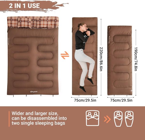 KingCamp Queen Size 2 Person Double Sleeping Bags with Pillows for Adults, - Image 2