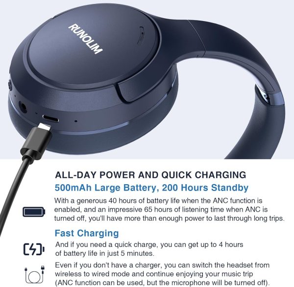 RUNOLIM Hybrid Active Noise Cancelling Headphones, 65H Playtime, Built-in - Image 5