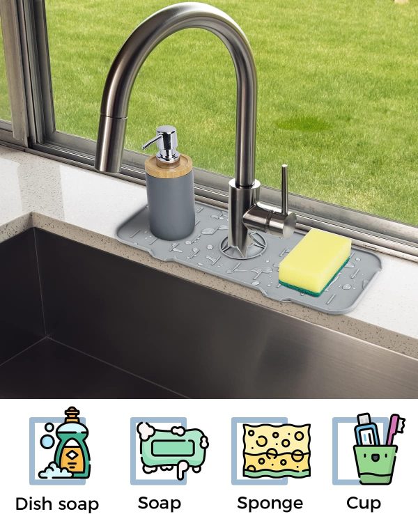 Kitchen Sink Splash Guard - Silicone Faucet Handle Drip Catcher Tray, Dish - Image 2