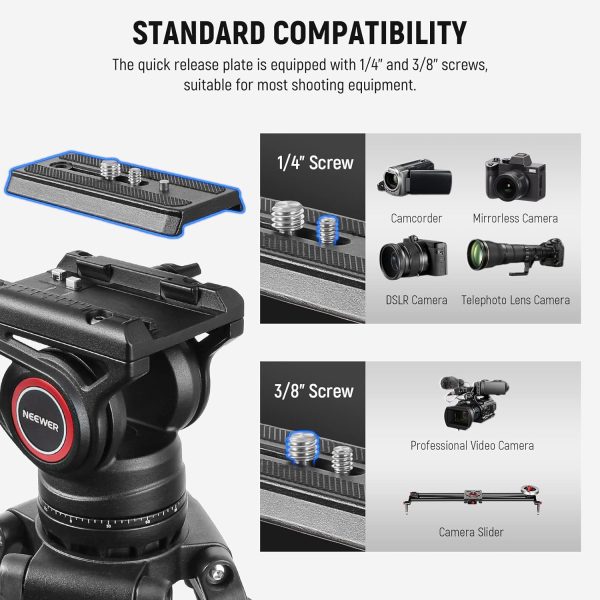 NEEWER 74" Video Tripod with Fluid Head, QR Plate , Aluminum Heavy Duty - Image 7