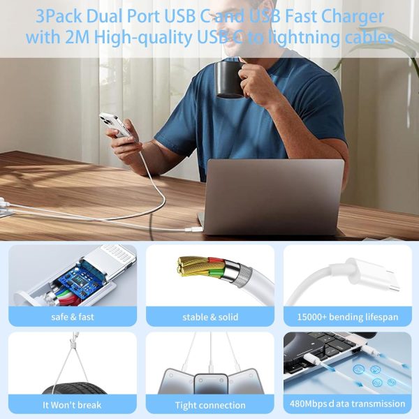 iPhone Charger, iPhone 14 Charger Fast Charging, 3Pack 20W PD USB C+QC3.0 - Image 4