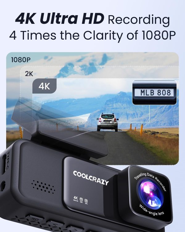 Dash Cam 4K Front, Built-in WiFi GPS Dash Camera for Cars, 3.2" IPS Screen - Image 2