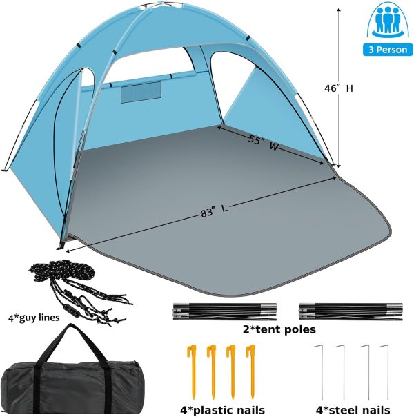 Beach Tent Sun Shelter, Beach Shade Tent with UPF 50+ UV Protection for 2-3 - Image 5