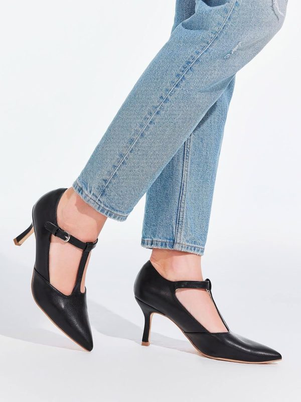 Coutgo Womens Mary Jane High Heels T Strap Closed Pointed Toe Pumps Buckle - Image 2