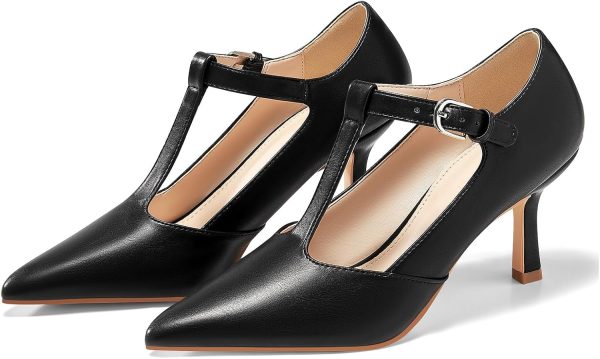 Coutgo Womens Mary Jane High Heels T Strap Closed Pointed Toe Pumps Buckle - Image 5