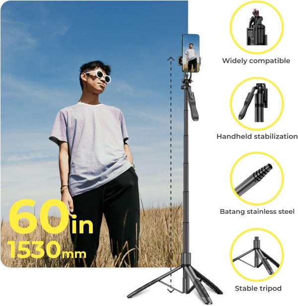 Phone Tripod 62" Selfie Stick for iPhone with Remote and 3W LED Light, - Image 5