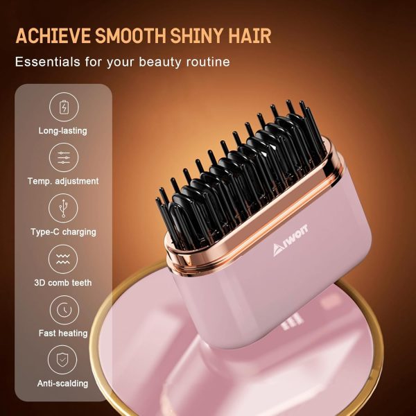 Mini Cordless Hair Straightener Brush, Portable Flat Iron Hair Straightener - Image 2