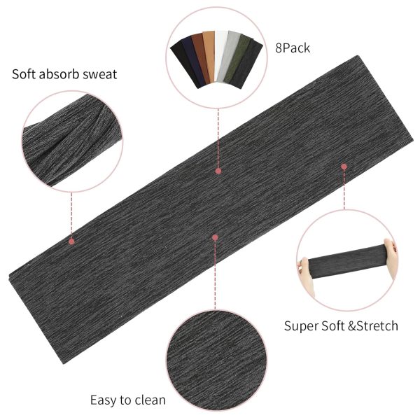 8 Pack Sport Headbands for Women, Elastic Soft Fabric Non-Slip Hair Bands - Image 2
