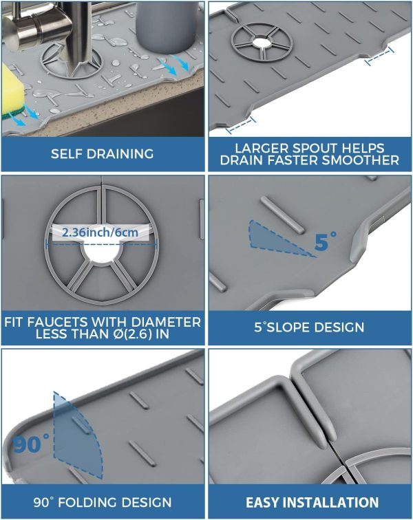 Kitchen Sink Splash Guard - Silicone Faucet Handle Drip Catcher Tray, Dish - Image 5